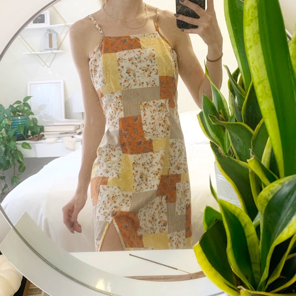 Cider square neck patchwork mini dress with slit